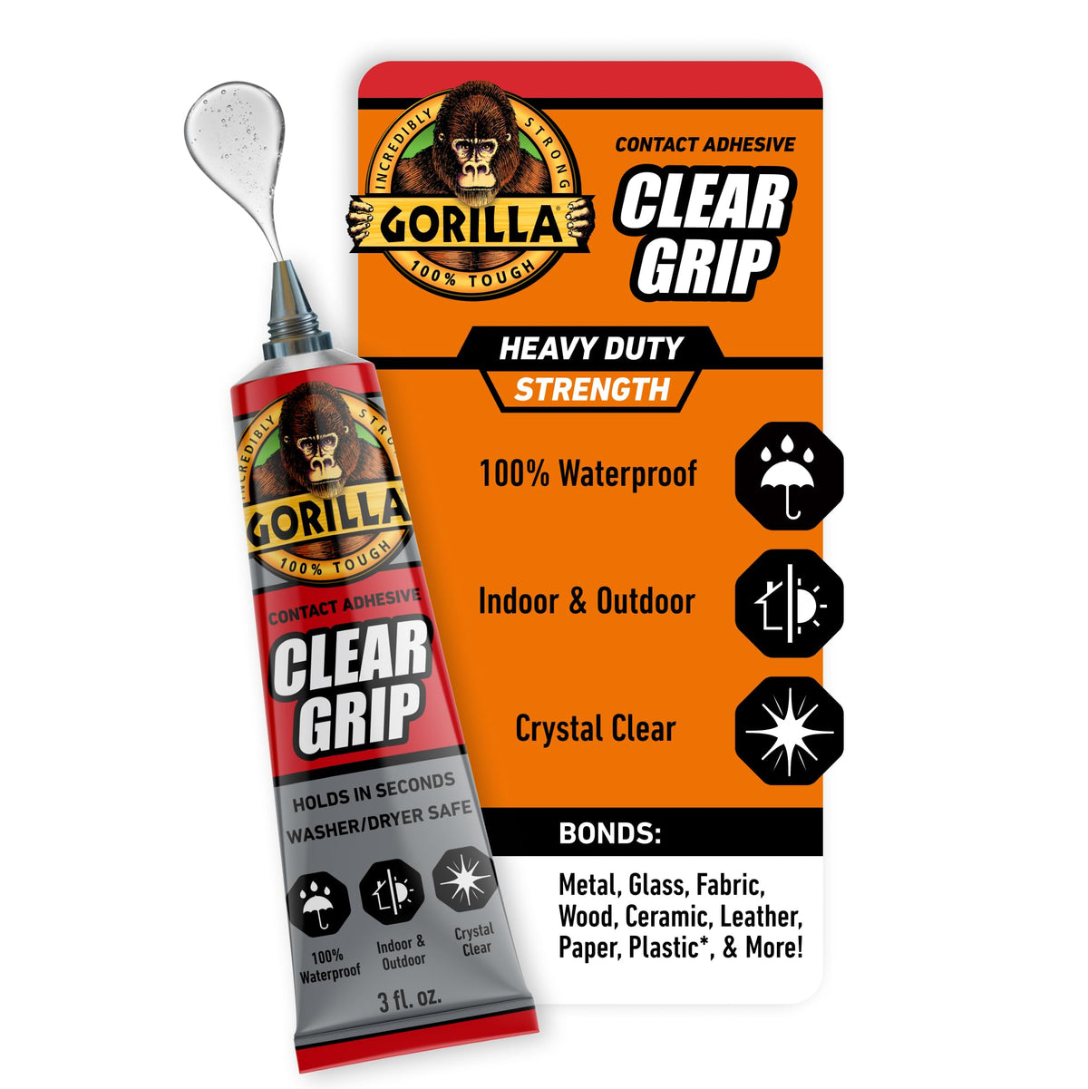 Gorilla Clear Grip Waterproof Contact Adhesive, 3 Ounce Tube, Clear, (Pack of 5)