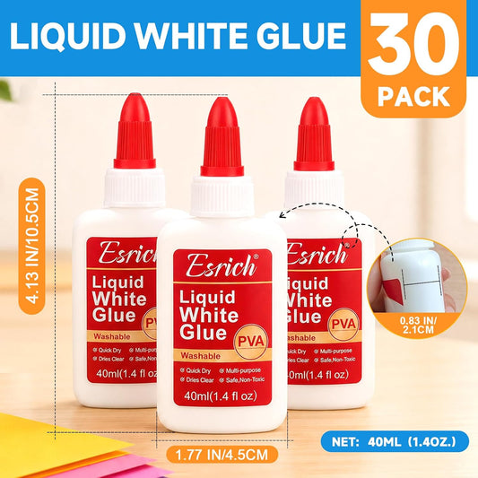 ESRICH 30 Pack White Liquid Glue for Kids, 1.4 fl oz, Slime & School Crafts
