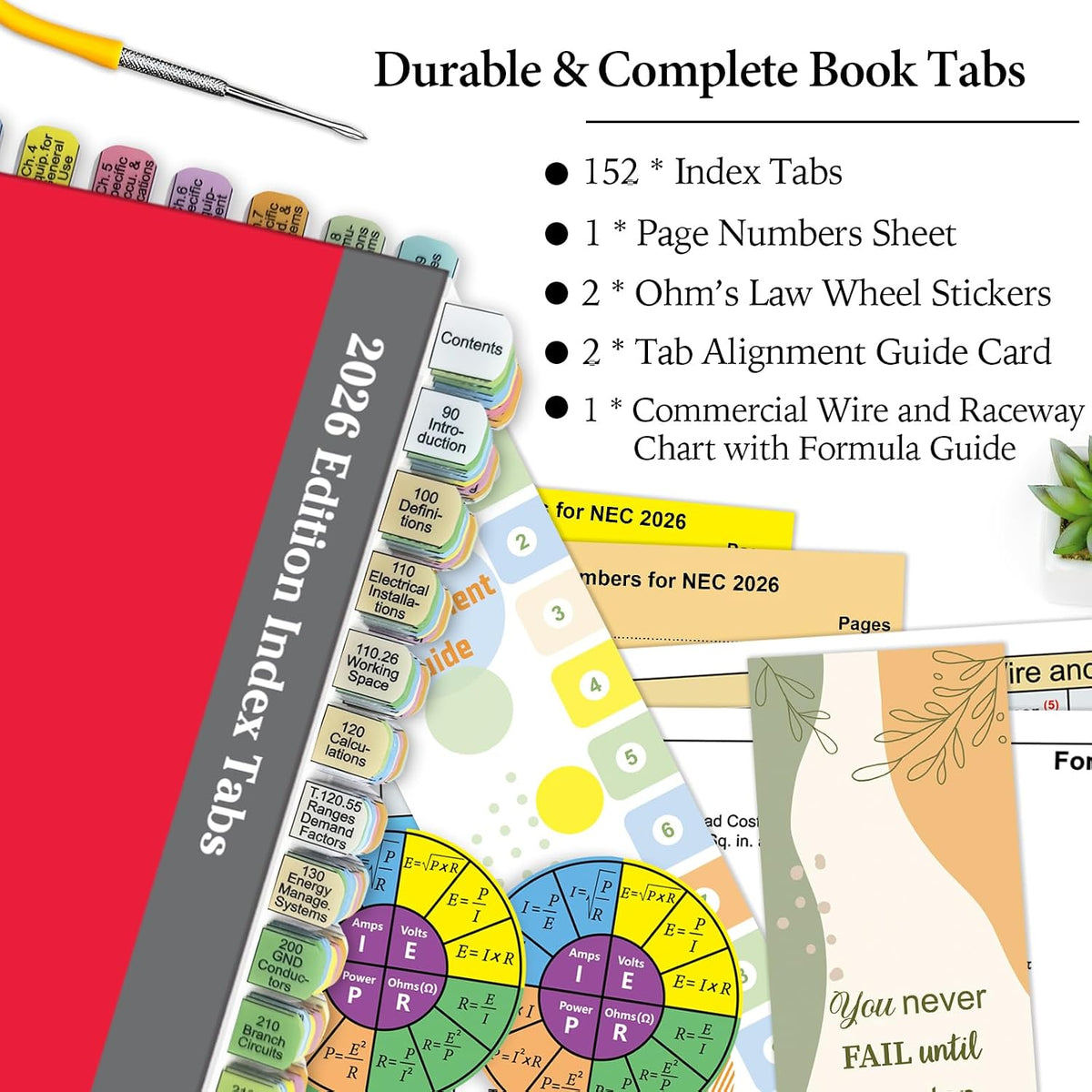 Plastic Index Tabs for 2026 NEC (Book Not Included), 152 Printed Tabs + Blanks, Color-Coded and Durable, with Page Index/Wire Chart & Formula Guide/2 Ohm’s Law Stickers/Alignment Card