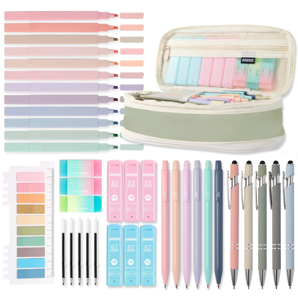 39PCS Aesthetic School Supplies with Cute Pencil Case, 5X Ballpoint Pens with Stylus Tip, 12X Pastel Highlighters, 6X Mechanical Pencil Set 0.5&0.7mm, Suit for Preppy School College Essentials (pink)