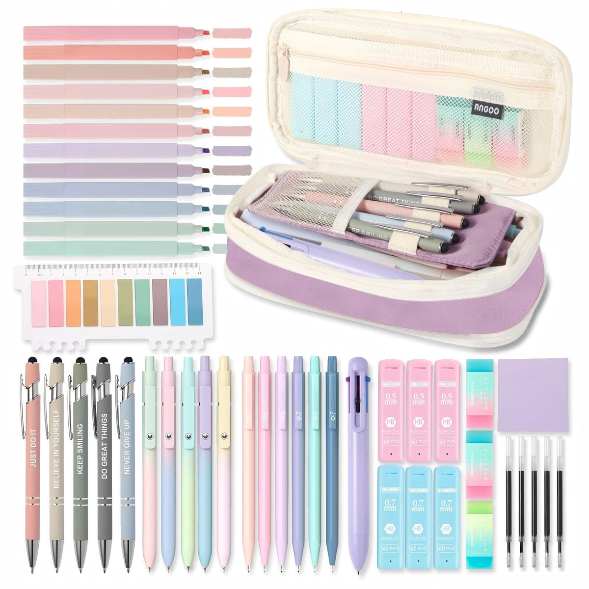 56 PCS Aesthetic School Supplies with Large Pencil Case, 5 Inspirational Ballpoint Pens, 12 Pastel Highlighters, 5 Black Ink Gel Pens, 6 Mechanical Pencils 0.5-0.7mm College Student Essentials (Pink)