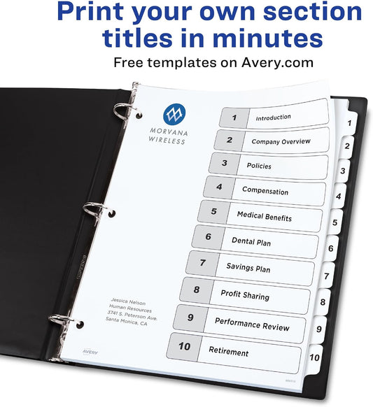 Avery Table of Contents Dividers, 10-Tab, White, 6 Sets