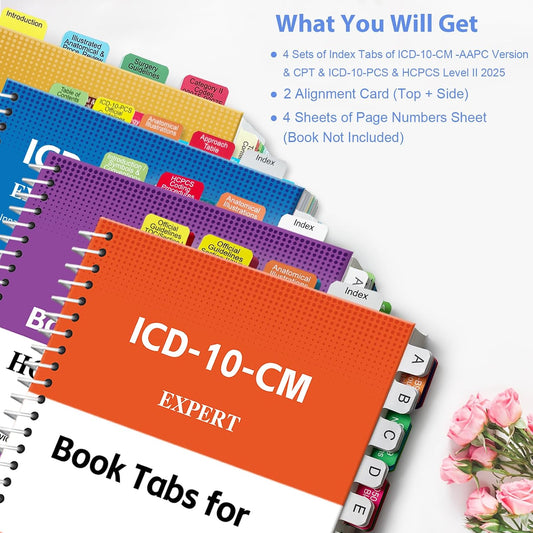 Index Tabs for CPT, AAPC Version ICD-10-CM, HCPCS Level II & ICD-10-PCS 2026, 4 Set Bundles Set (Book not Included), Color-Coded with Code Ranges, Laminated & Waterproof & Repositionable
