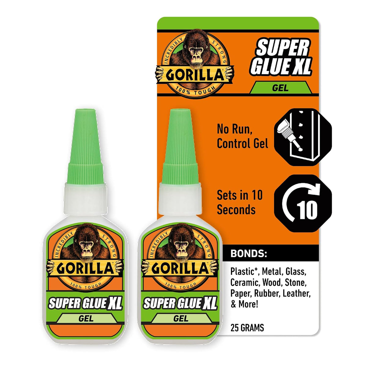 Gorilla Glue Super Glue Gel XL, Fast-Setting, Thicker Controlled No Run Formula, Anti-Clog Cap, Versatile Cyanoacrylate Glue, 25g, Clear (Pack of 2)