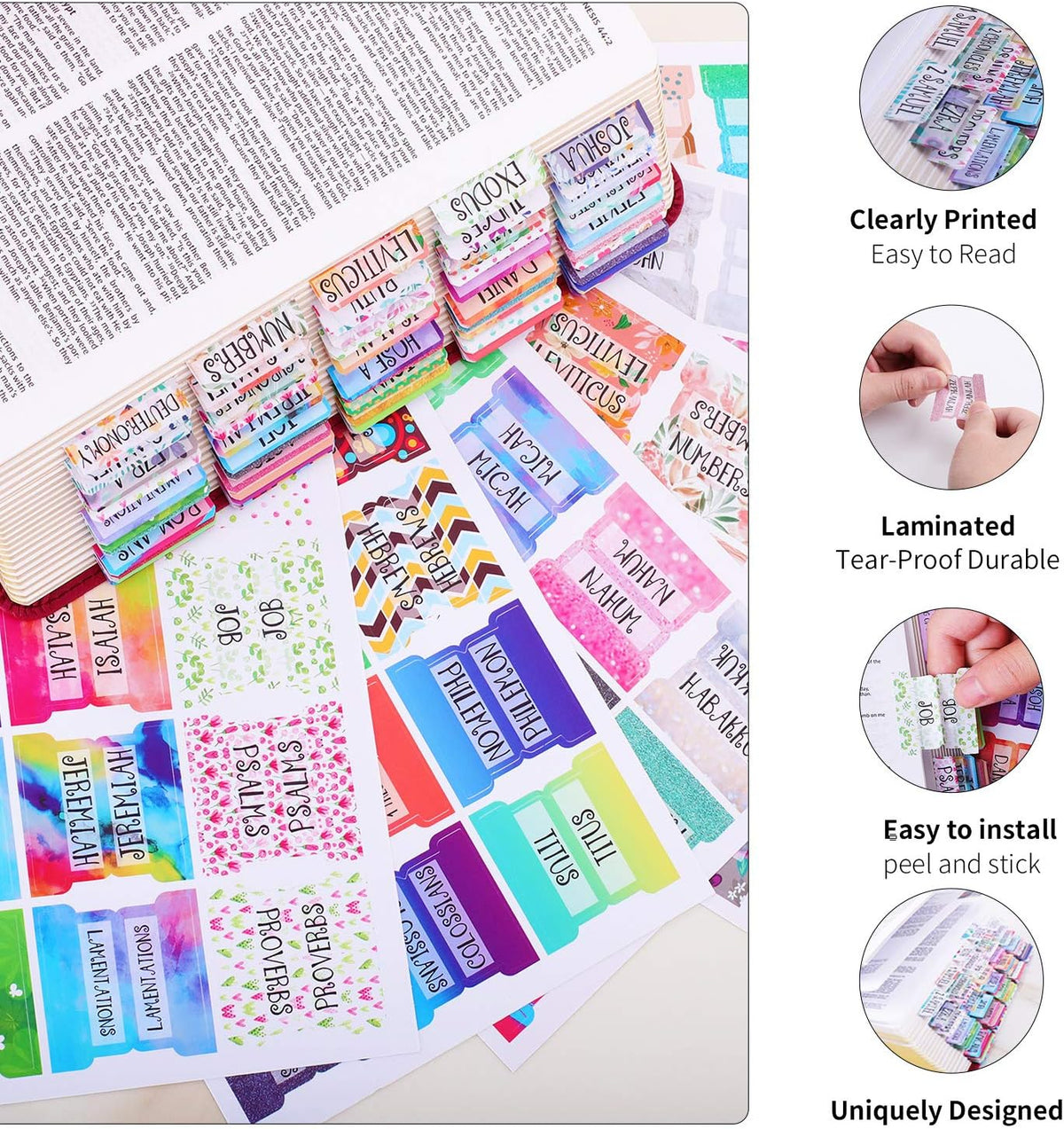Colorful Floral Bible Tabs Laminated with Matte Film, Cute Bible tabs for Women and Girl, 90 Bible Index tabs in Total, 66 tabs for Old and new Testament, Additional 24 Blank tabs