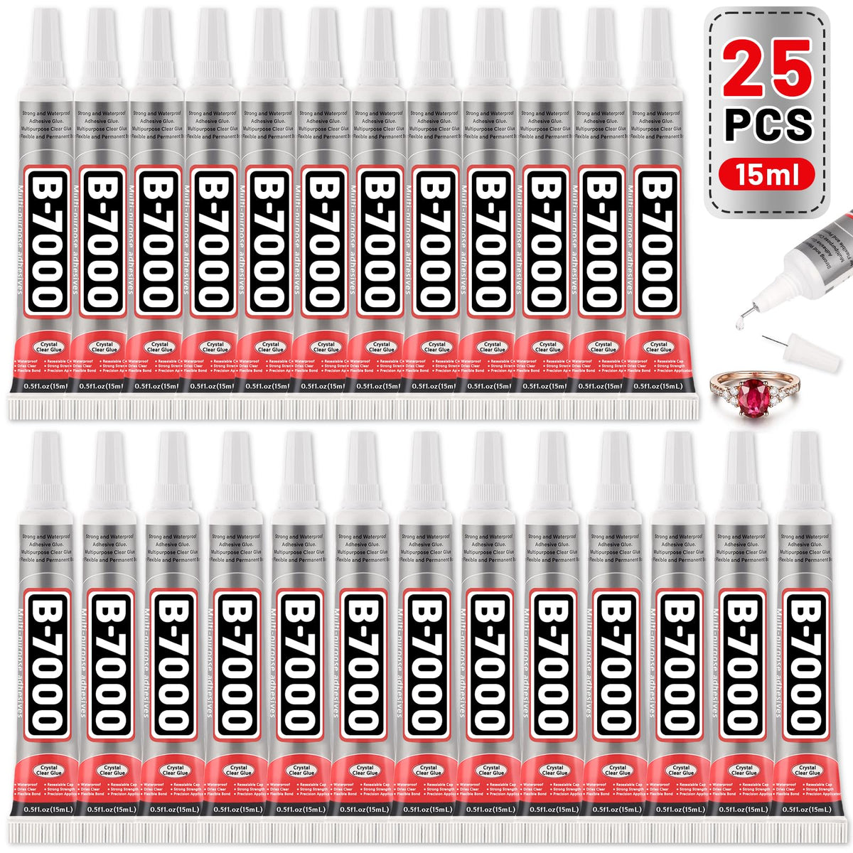 60 Tube B-7000 Glue 15Ml/0.5 fl oz- Strong Transparent Rhinestone Glue with Precision Tip, Waterproof, Flexible, Bulk B7000 Glues Paste Adhesive for DIY Craft Jewelry Making Shoes Phone Repair