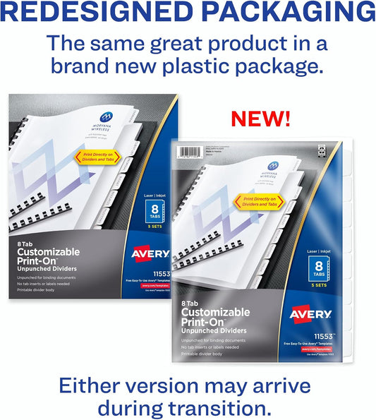 Avery Unpunched Print-On Dividers, 8-Tab, White, 5 Sets