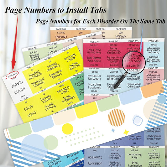 Improved Index Tabs for DSM-5-TR, Color-Coded & Laminated DSM-V-TR Book Tabs, 94 Printed Tabs with 6 Blank Ones, Alignment Guide and Disorders Description Sheet Included, Tear-Resistant & Waterproof