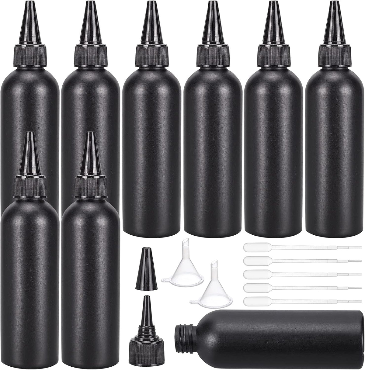 BENECREAT 16Pcs 120ml/4.06oz Black Plastic Squeeze Bottles, Squeeze Condiment Bottles with 2Pcs Funnels and 10Pcs Transfer Pipettes for Ink Tattoo Liquid Painting Glue
