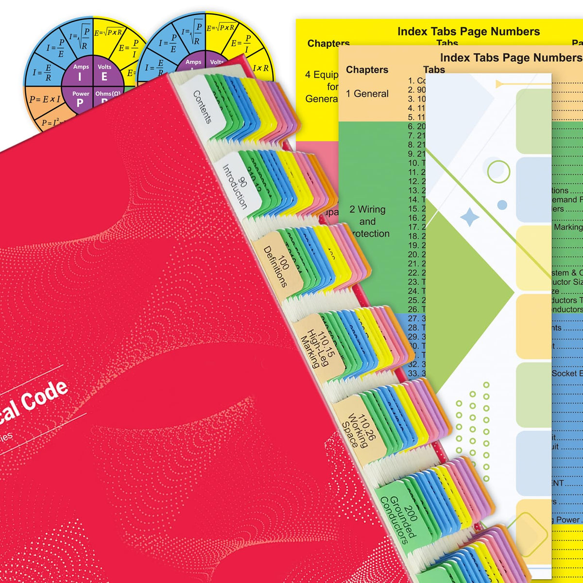 Electrical Code Tabs for NEC 2023, 140 PCS Laminated & Color-Coded for National Electrical Code, with Formula Guide/Wire Chart/2 Ohm’s Law Wheel Stickers/Page Numbers Card (Book Not Included)