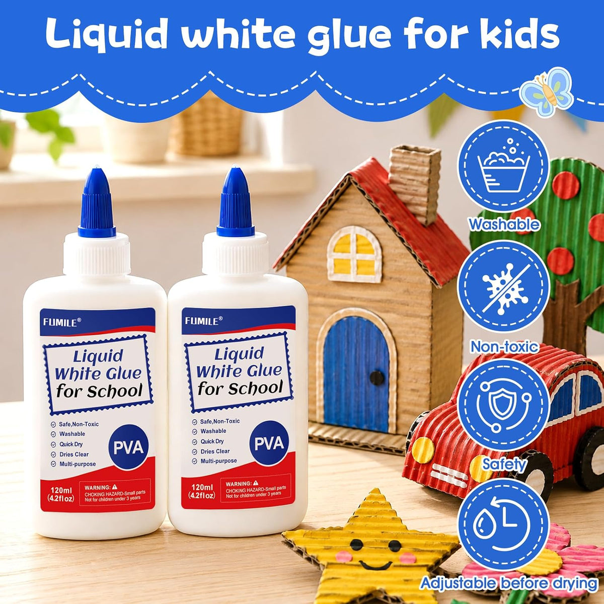 18Pack Washable Liquid White Glue for Kids, 4 fl oz Glue Bottles for School