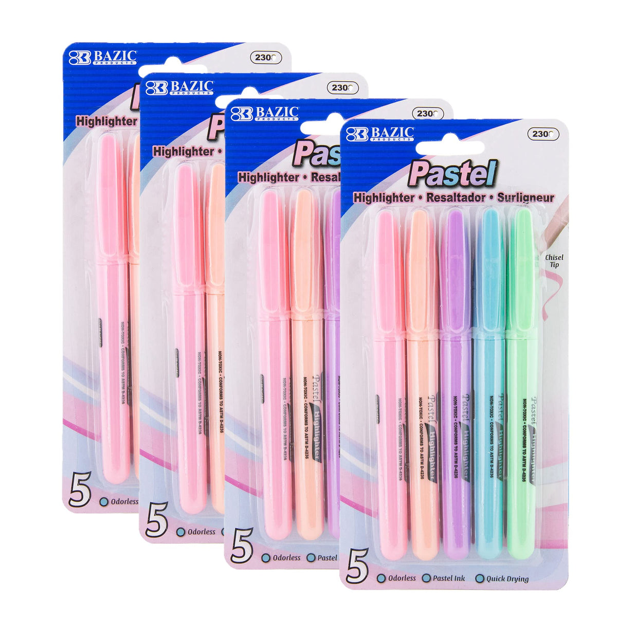 BAZIC PRODUCTS Pen Style Pastel Highlighters, Chisel Tip, Clip, 24-Box