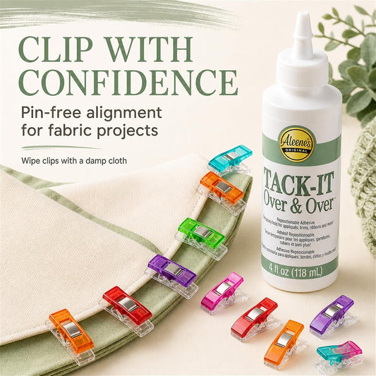 Aleenes Tack-It Over & Over Liquid Glue (2-Pack) (4 oz) + 20 Pixiss Fabric Clips – Perfect for Temporary Fabric Bonding, Crafts, and Appliqué Projects