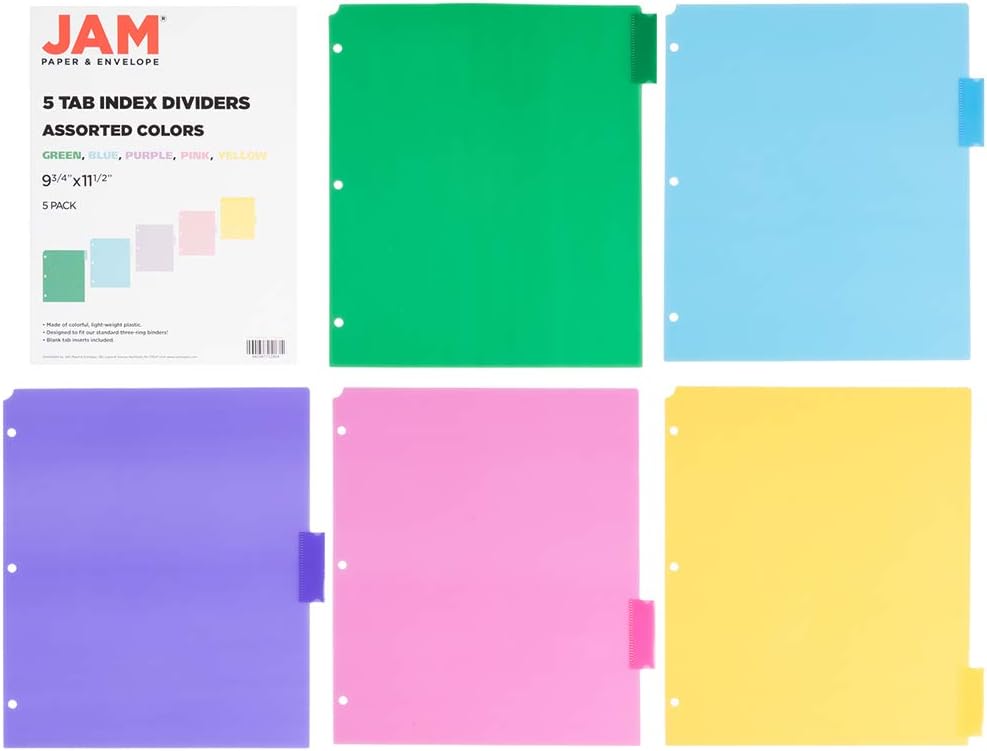 JAM PAPER Plastic Index 5-Tab Dividers - 9 3/4 x 11 1/2 - Assorted Multi-Color - 6 Packs of 5 Tabs/Set