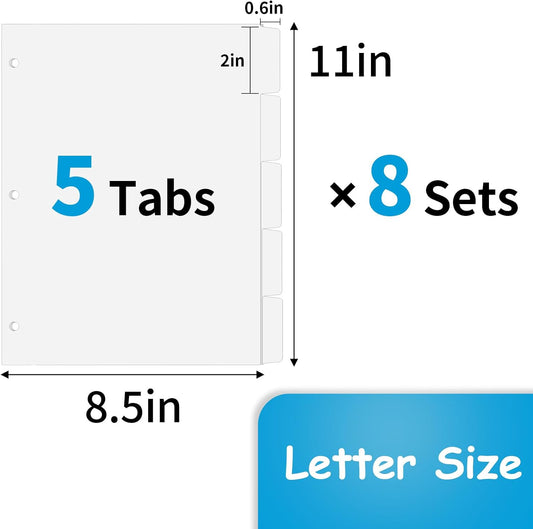 Binder Dividers for 3 Ring Binder, 1/5 Cut Tabs, Letter Size Blank Dividers
