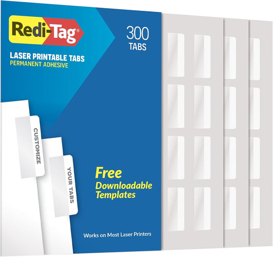 Redi-Tag Laser Printable Tabs, Permanent Index Tabs, Customizable Adhesive Labels, White, 2" x 0.875", 300 Per Pack (B39170)