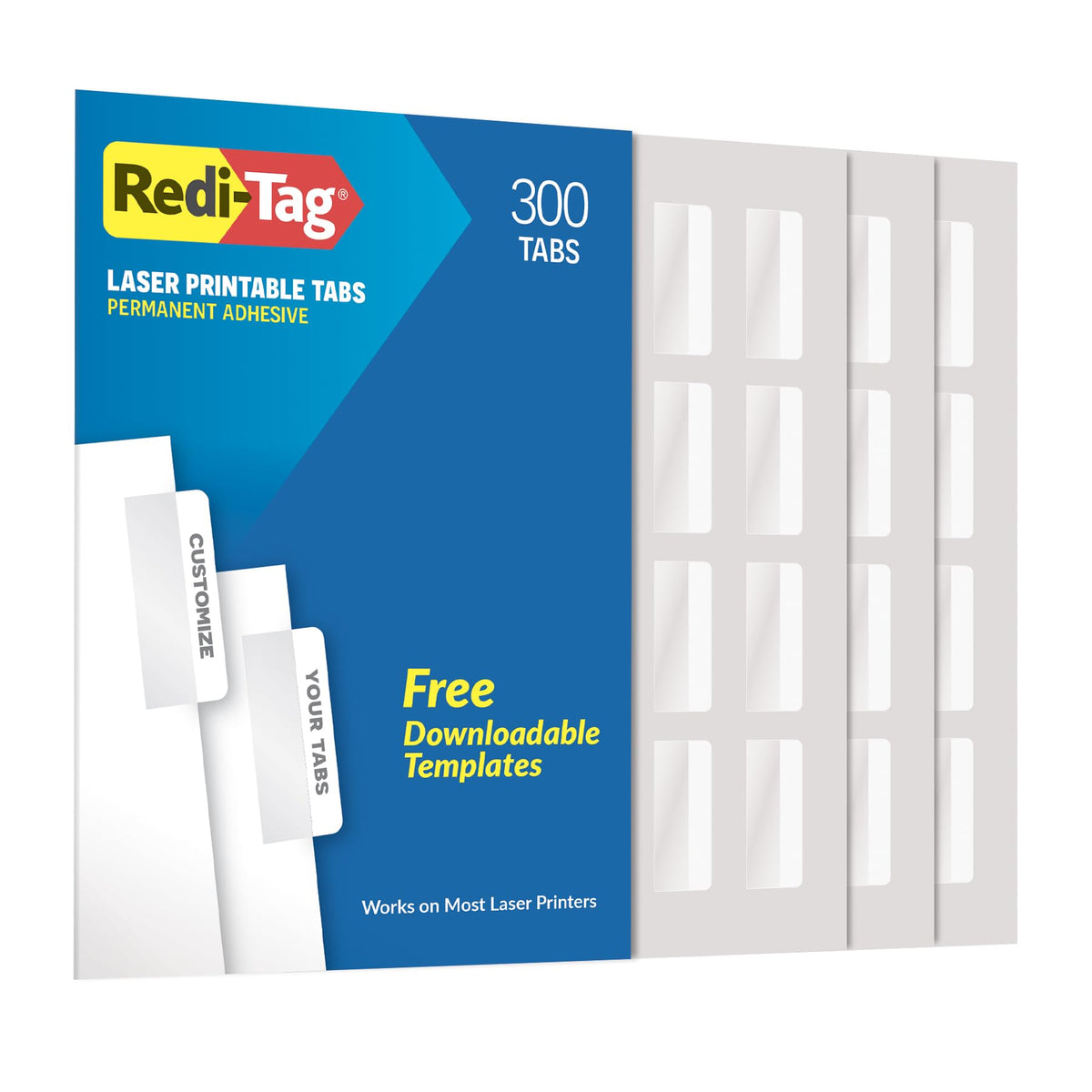 Redi-Tag Laser Printable Tabs, Permanent Index Tabs, Customizable Adhesive Labels, White, 2" x 0.875", 300 Per Pack (B39170)