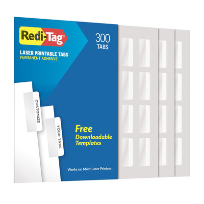 Redi-Tag Laser Printable Tabs, Permanent Index Tabs, Customizable Adhesive Labels, White, 2" x 0.875", 300 Per Pack (B39170)