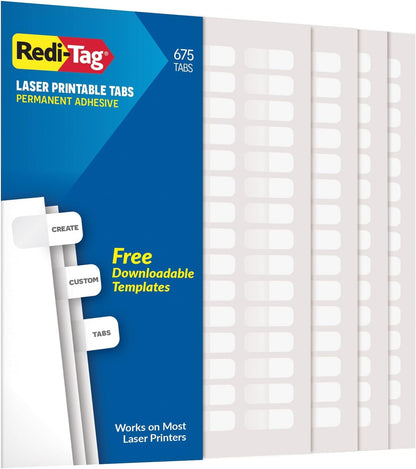 Redi-Tag Laser Index Tabs, Divider Tabs, Permanent Adhesive Index Labels Customizable Divider Labels, 7/16" x 1", White, 675 Tabs (B39000)