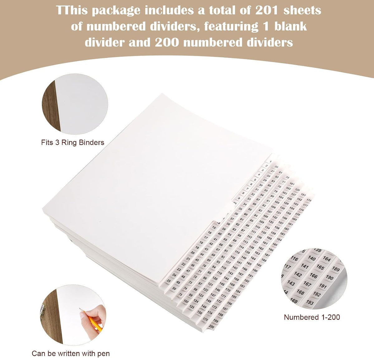 Yeaqee 1-200 Numbered Tab Un Punched Letter Size Divider, White, 1 Set