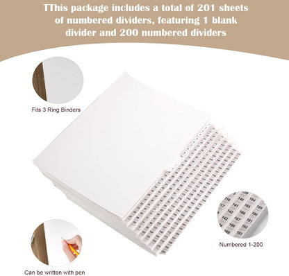 Yeaqee 1-200 Numbered Tab Un Punched Letter Size Divider, White, 1 Set