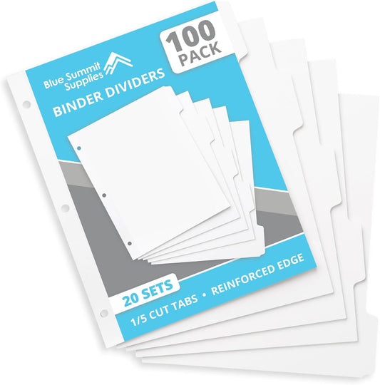 Blue Summit Supplies 100 Binder Dividers, 20 Sets, 5 Tab, Letter, White