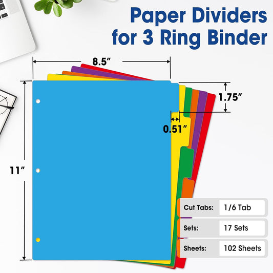 102 Pcs Colored Binder Dividers with Tabs, 1/6 Cut Tabs, Dividers for 3 Ring Binder, Blank Write On Binder Dividers in 6 Tab Sets, Letter Size, 102 Dividers, 17 Sets, Multicolor