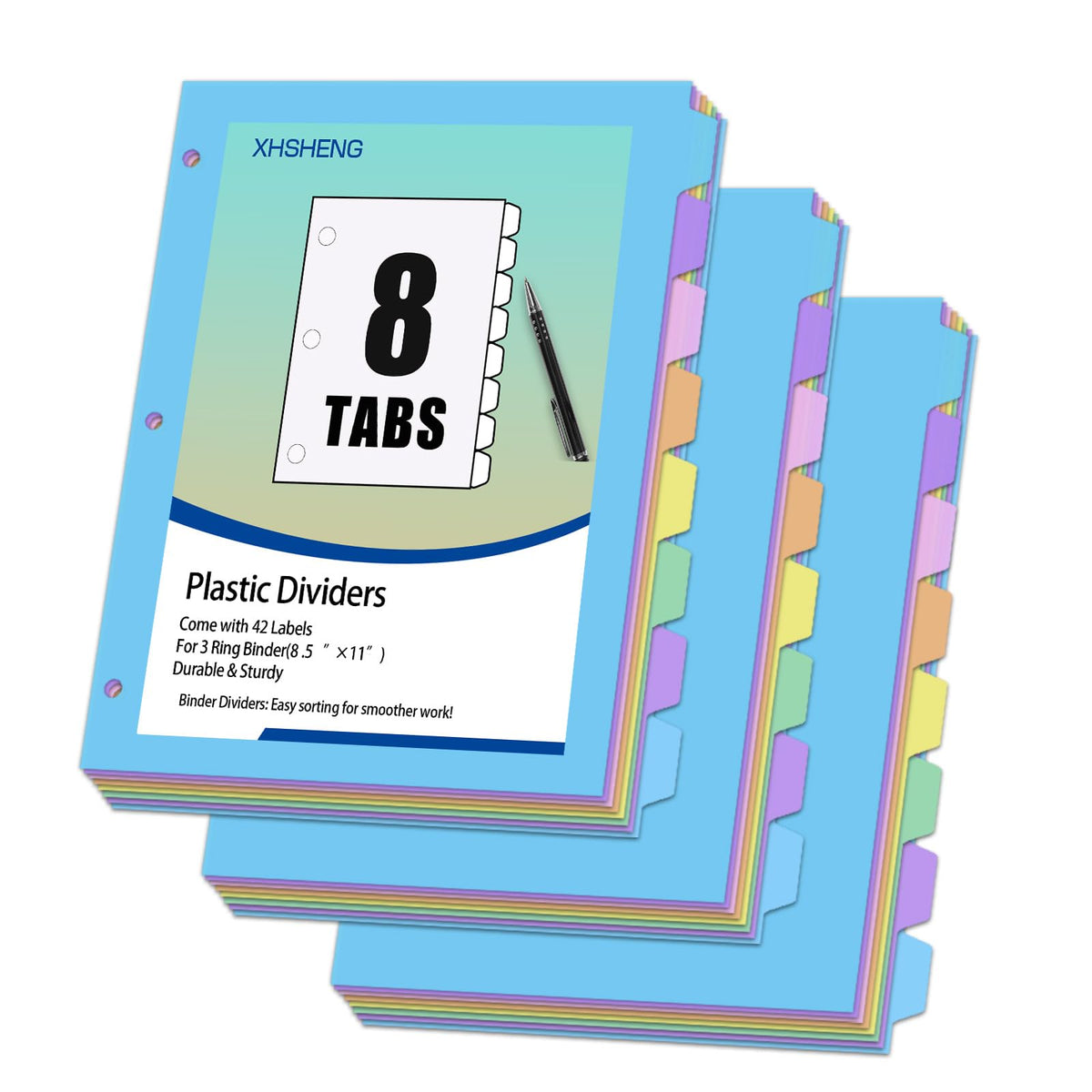 Binder Dividers with Tabs - 8 Index Tabs, Plastic 3 Hole Punch File Dividers for 3 Ring Binder, Letter Size, Durable File Organizer for School Office