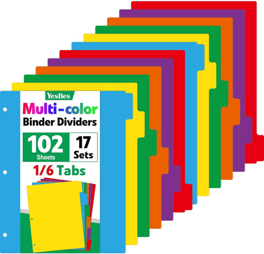 102 Pcs Colored Binder Dividers with Tabs, 1/6 Cut Tabs, Dividers for 3 Ring Binder, Blank Write On Binder Dividers in 6 Tab Sets, Letter Size, 102 Dividers, 17 Sets, Multicolor