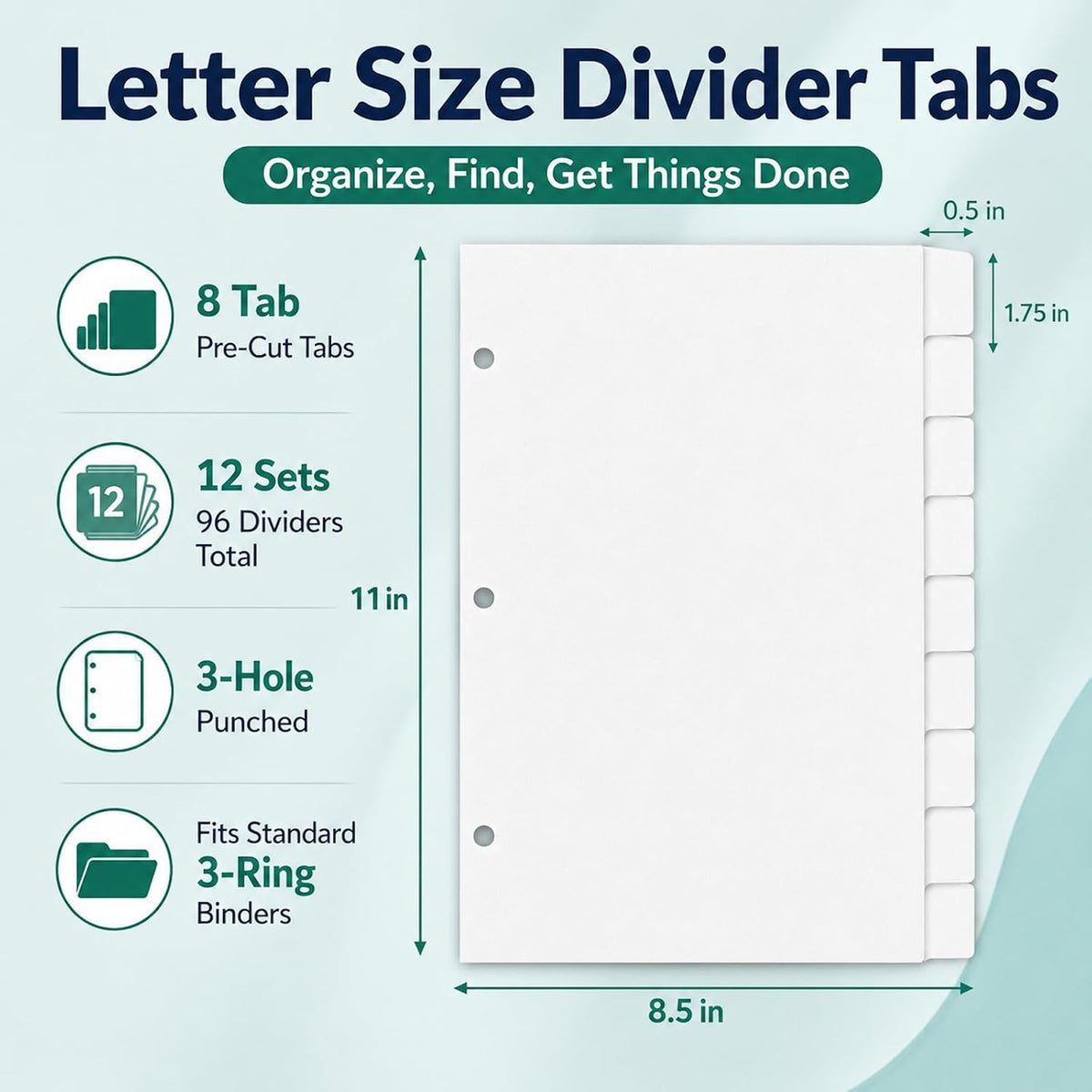 WritePads Binder Dividers with Tabs for 3 Ring Binder, White 8-Tab Index Dividers for 8.5 x 11 Letter Size Pages, Blank Writable Tabs, 12 Sets, 96 Dividers for School, Office & Home