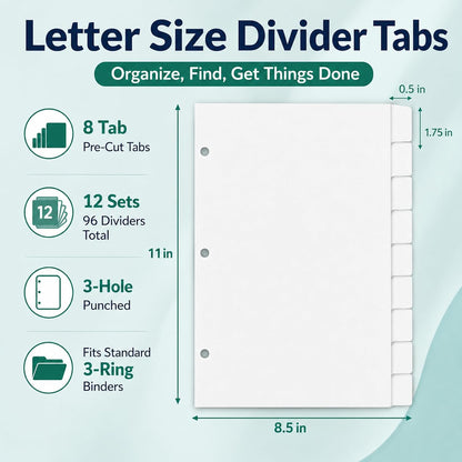 WritePads Binder Dividers with Tabs for 3 Ring Binder, White 8-Tab Index Dividers for 8.5 x 11 Letter Size Pages, Blank Writable Tabs, 12 Sets, 96 Dividers for School, Office & Home