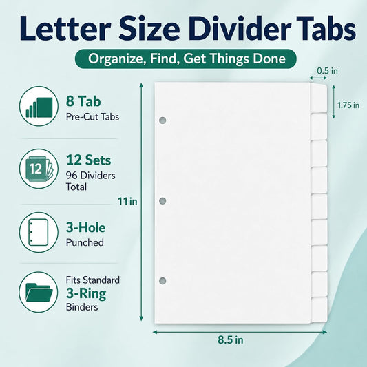WritePads Binder Dividers with Tabs for 3 Ring Binder, White 8-Tab Index Dividers for 8.5 x 11 Letter Size Pages, Blank Writable Tabs, 12 Sets, 96 Dividers for School, Office & Home