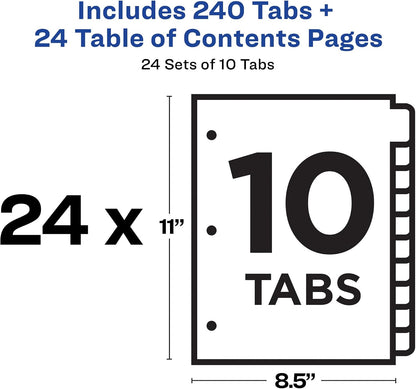 Avery® Table of Contents Dividers, 10-Tab, Multicolor, 24 Sets