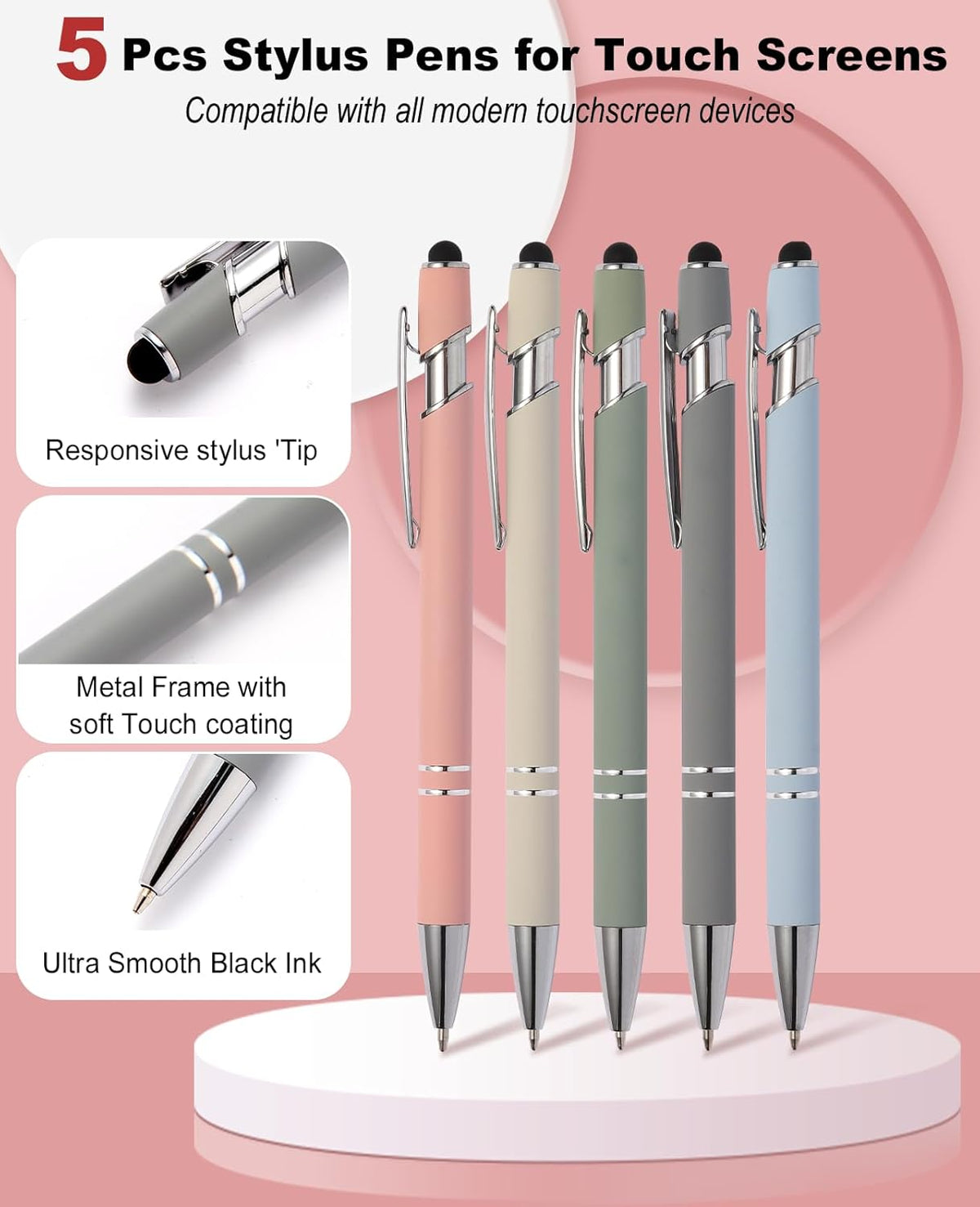 39PCS Aesthetic School Supplies with Cute Pencil Case, 5X Ballpoint Pens with Stylus Tip, 12X Pastel Highlighters, 6X Mechanical Pencil Set 0.5&0.7mm, Suit for Preppy School College Essentials (pink)