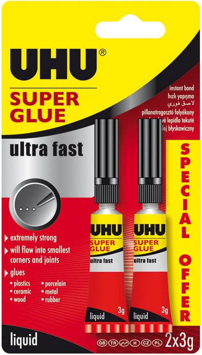 UHU 3-62686 Super Glue Ultra Fast Liquid 2x3g Blister (Packaging May Vary)