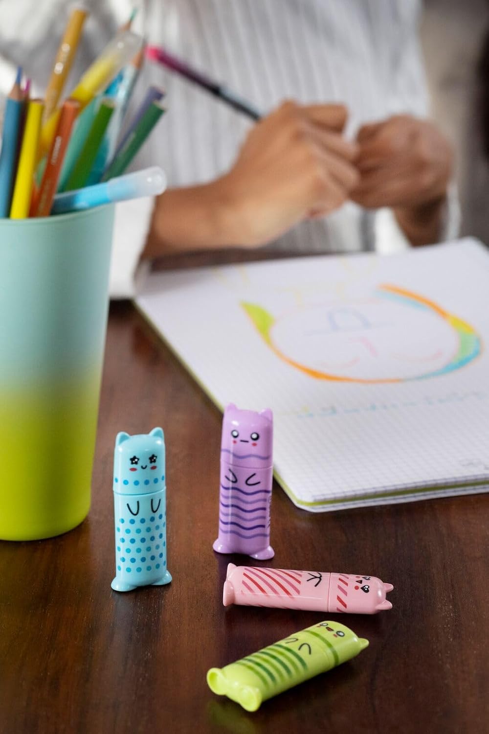 Maped - Pastel Mini Highlighters - Pocket Highlighters in Character Shape - 4 Pastel Colours: Green, Blue, Pink and Purple
