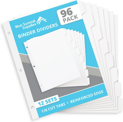 Blue Summit Supplies 96 Binder Dividers, 12 Sets, 8 Tab, Letter, White