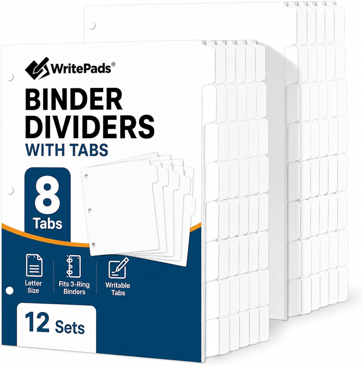 WritePads Binder Dividers with Tabs for 3 Ring Binder, White 8-Tab Index Dividers for 8.5 x 11 Letter Size Pages, Blank Writable Tabs, 12 Sets, 96 Dividers for School, Office & Home