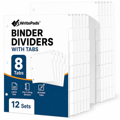 WritePads Binder Dividers with Tabs for 3 Ring Binder, White 8-Tab Index Dividers for 8.5 x 11 Letter Size Pages, Blank Writable Tabs, 12 Sets, 96 Dividers for School, Office & Home