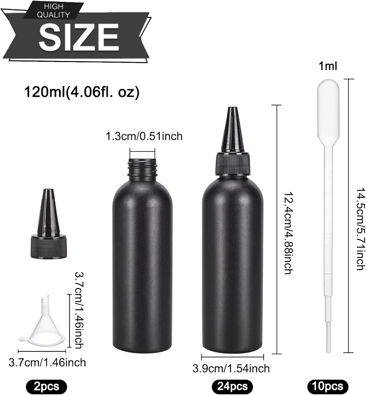 BENECREAT 16Pcs 120ml/4.06oz Black Plastic Squeeze Bottles, Squeeze Condiment Bottles with 2Pcs Funnels and 10Pcs Transfer Pipettes for Ink Tattoo Liquid Painting Glue