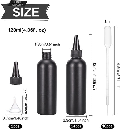 BENECREAT 16Pcs 120ml/4.06oz Black Plastic Squeeze Bottles, Squeeze Condiment Bottles with 2Pcs Funnels and 10Pcs Transfer Pipettes for Ink Tattoo Liquid Painting Glue