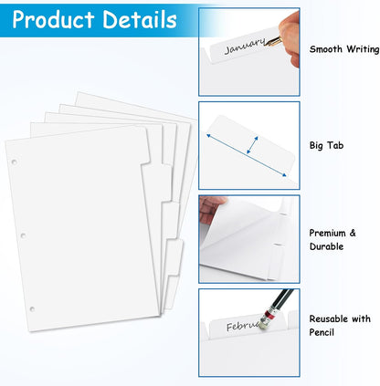 Binder Dividers for 3 Ring Binder, 1/5 Cut Tabs, Letter Size Blank Dividers