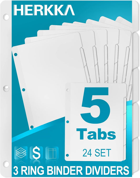 5-Tab Binder Dividers, HERKKA 3 Ring Binder Dividers with Reinforced Edge, 3 Hole Punch Section Index Dividers for Binders, 1/5-Cut Tabs, Letter Size, White, 120 Dividers