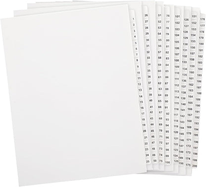Yeaqee 1-200 Numbered Tab Un Punched Letter Size Divider, White, 1 Set