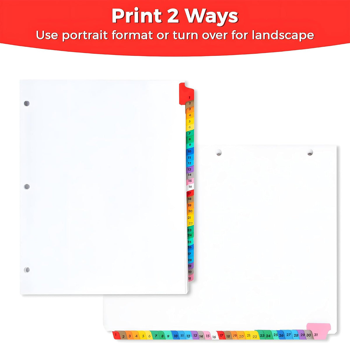 Tab Dividers for 3 Ring Binders – 6 Sets, 1–31 Numbered Index Dividers with Table of Contents – 8.5 x 11 in, 3-Hole Punched – Binder Dividers for School, Office, Filing, Organizing - 6 Pack