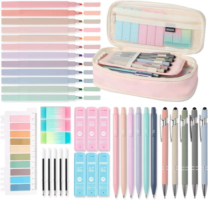 39PCS Aesthetic School Supplies with Cute Pencil Case, 5X Ballpoint Pens with Stylus Tip, 12X Pastel Highlighters, 6X Mechanical Pencil Set 0.5&0.7mm, Suit for Preppy School College Essentials (pink)