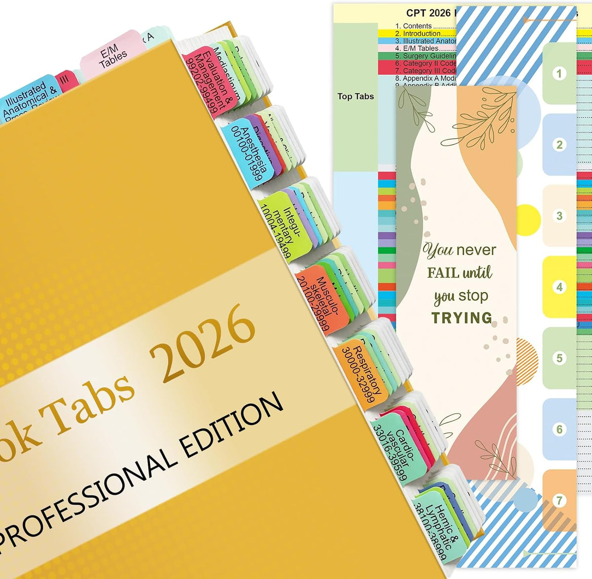 Improved Index Tabs for CPT 2026 Professional Edition, Color-Coded & Laminated CPT Tabs, 90 Printed Tabs with Blank Ones,Alignment Guide and Page Numbers Sheet Included, Tear-Resistant & Waterproof