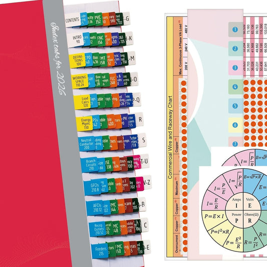 Index Tabs for NEC 2026 Code Book – Color-Coded for Quick Navigation – with Wire & Raceway Chart, Formula Guide, 2 Ohm’s Law Stickers, Page Numbers Sheet & Alignment Guide (Book Not Included)