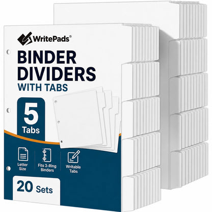 WritePads Binder Dividers with Tabs for 3 Ring Binder, White 8-Tab Index Dividers for 8.5 x 11 Letter Size Pages, Blank Writable Tabs, 12 Sets, 96 Dividers for School, Office & Home