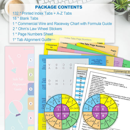 Index Book Tabs for NEC 2026 Code Book, Side + A-Z Tabs, Laminated Durable, Color-Coded, with Wire and Raceway Chart, 2 Ohm's Law Stickers, Page Numbers Sheet & Alignment Guide